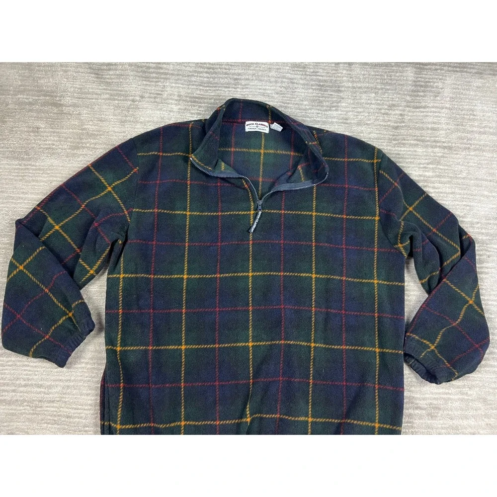 Boca Classics Fleece Pullover Mens XL Green Plaid Quarter‎ Zip Mock Neck Outdoor